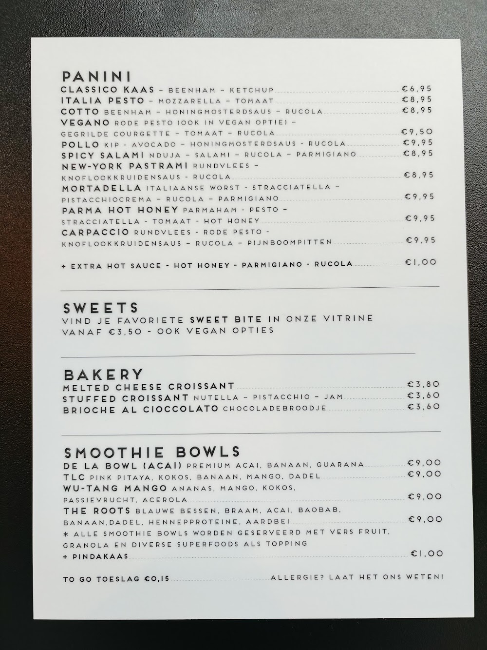 Menukaart caffè en smoothies